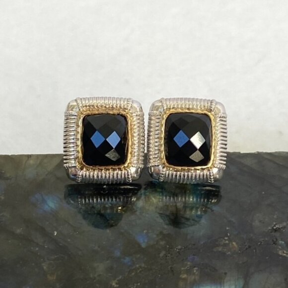 Judith Ripka Sterling Silver 925 18K Yellow Gold Faceted Black Onyx Cuff Links - Picture 7 of 16
